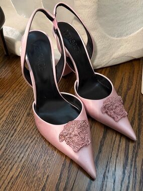 Versace Pink Satin Pointed Slingback Heels with Beaded Medusa